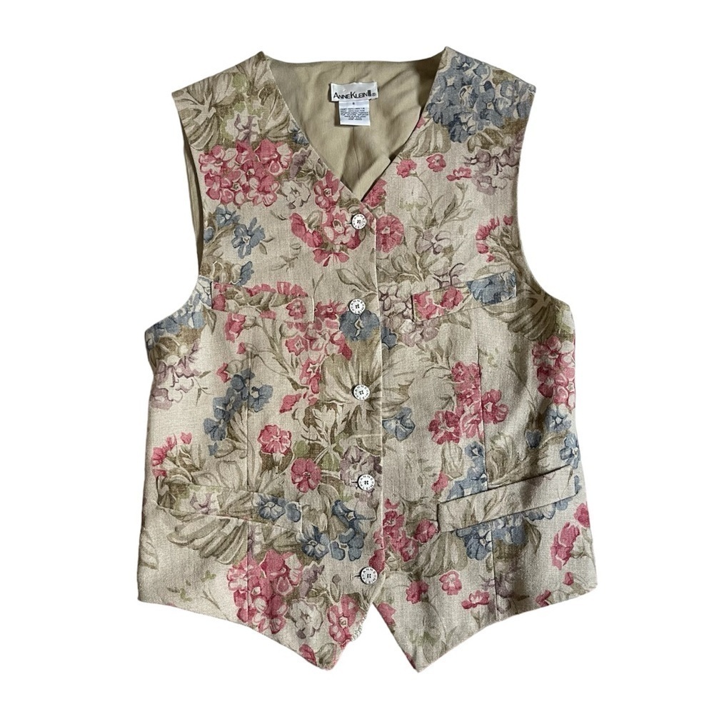 Ann Klein Tan Vintage Floral Linen & Silk Vest US 8
